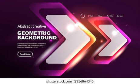 Abstract background landing page, glass geometric shapes with glowing neon light reflections, energy effect concept on glossy forms