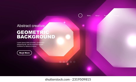 Abstract background landing page, glass geometric shapes with glowing neon light reflections, energy effect concept on glossy forms