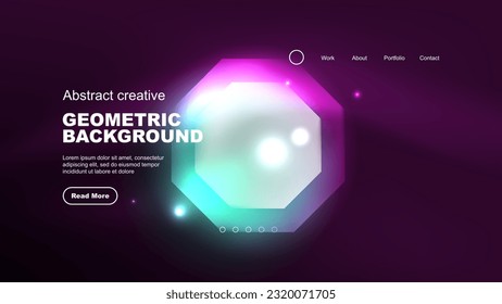 Abstract background landing page, glass geometric shapes with glowing neon light reflections, energy effect concept on glossy forms