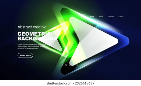 Abstract background landing page, glass geometric shapes with blue glowing neon light reflections, energy effect concept on glossy forms