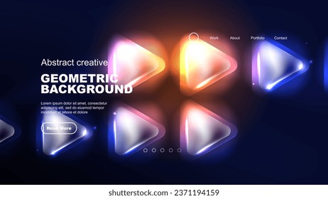 Abstract background landing page, glass geometric shapes with blue glowing neon light reflections, energy effect concept on glossy forms