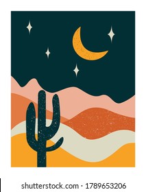 Abstract background with landscape at night, cactus,moon,stars. Minimalist wall art. Vector illustration