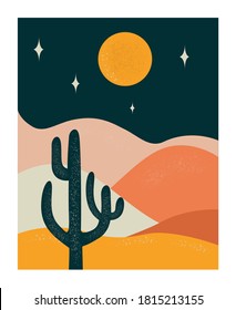 Abstract background with landscape at night, cactus,moon,stars. Minimalist wall art.	Vector illustration