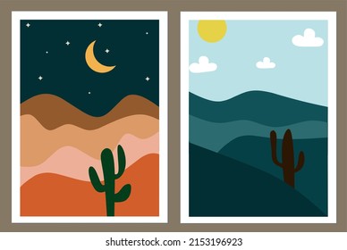 Abstract background landscape with night and day, cactus, moon, stars, sun. Minimalist wall art. Vector illustration suitable for wall decoration