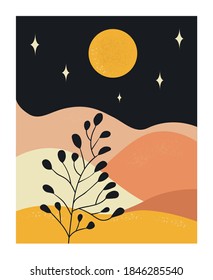 Abstract background with landscape at night, plant,moon,stars. Minimalist wall art	