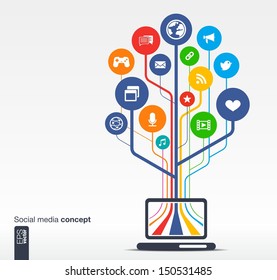 Abstract background with laptop, lines, circles and icons. Growth tree concept with social media, earth, network, computer, technology, like, mail, mobile and speech bubble icon. Vector illustration.