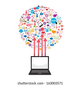 Abstract background with laptop, lines, circles and icons, Social network background with media icons