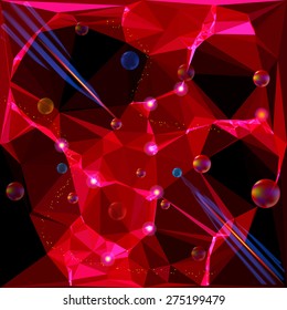 Abstract background with laser beams,  glowing points and rainbow rotating balls