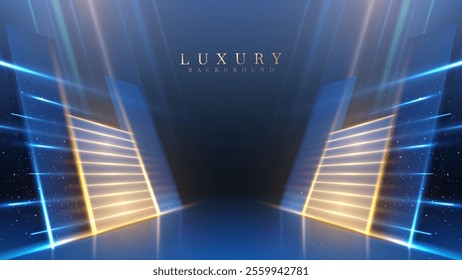 Abstract background with laser and golden neon lights and blue spotlights on dark stage background.