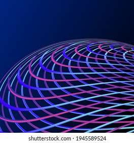 Abstract background with laser neon rays crossing and creating textured sphere on blue backdrop