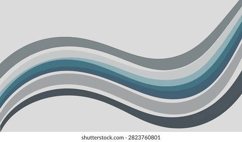 Abstract background with layered curved stripes in shades of slate blue, gray, and silver. Minimalist retro design featuring fluid undulating lines on a light gray backdrop.