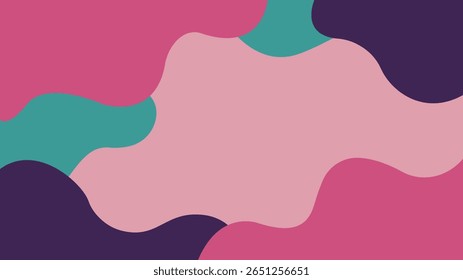 Fundo abstrato com formas fluidas em camadas em uma paleta feminina de rosa, magenta e azul-petróleo. Um design suave e contemporâneo com formas graciosas e sobrepostas.