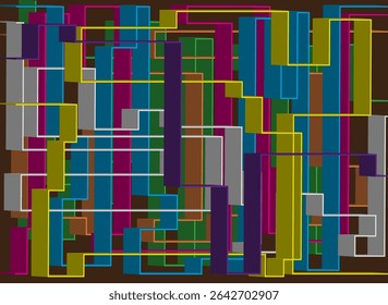Abstract background with a layered rectangular pattern of blue, purple, yellow and green on a dark brown base that creates a sense of visual rhythm