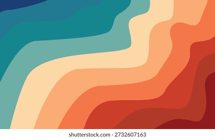Fundo abstrato com linhas onduladas em camadas em um gradiente quente de tons de azul, bege e vermelho. Design moderno e minimalista. Representa camadas de dados, conectividade e sistemas dinâmicos. Adequado para tecnologia, corporativo ou apresentações que precisam de uma representação visual de informações complexas.