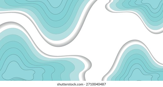 Abstract background with layered, wavy shapes in shades of blue and teal. The design features a 3D paper-cut effect with shadows, resembling topographic map contours.