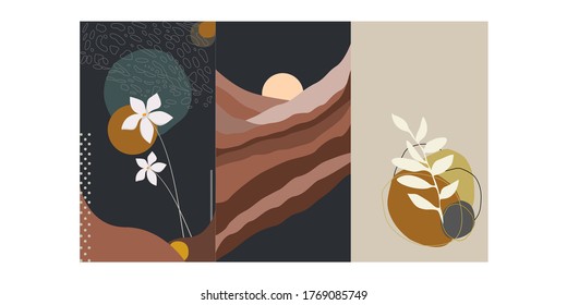 abstract background layout design with nature montains,leaf,floral elements earthy color palette great for background 