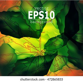 Abstract background. Leaf veins. Stone cubes. Nature banner. Green, orange and yellow tones.