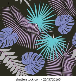 Abstrakter Hintergrund der Blätter. Schöne, nahtlose Illustration aus Papier mit buntem tropischem Palmblätterhintergrund. Bleimuster. Natürliches Blumenmuster.
