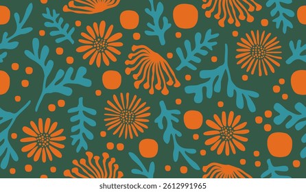 Abstract background with leaves and flowers. Seamless pattern with nature design elements