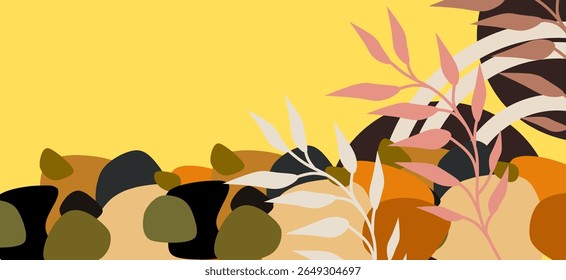 Abstract background with leaves and geometric shapes. Vector illustration for web design or print.
