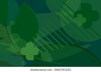 Abstract background with leaves, lines, geometric shapes. Green monochrome. Vector