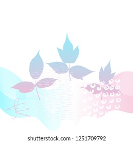 Abstract background with leaves outlines , doodles , texture and gradient ribbon in pastel colors on white background.