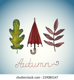 Abstract background with leaves and red umbrella. Watercolor paint. Autumn theme. Can be used for card, invitation or some text.