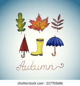 Abstract background with leaves, rubber boots and umbrellas. Watercolor paint. Autumn theme. Can be used for card, invitation or some text.