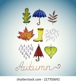 Abstract background with leaves, rubber boots, rain drops and umbrellas. Watercolor paint. Autumn theme. Can be used for card, invitation or some text.
