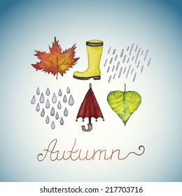 Abstract background with leaves, rubber boots, rain drops and umbrella. Watercolor paint. Autumn theme. Can be used for card, invitation or some text.