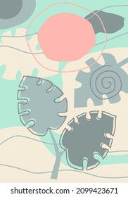 Abstract background of leaves and shapes. Hand drawing of various shapes and doodle objects. Trendy modern modern vector illustration. Each background is isolated. Pastel color