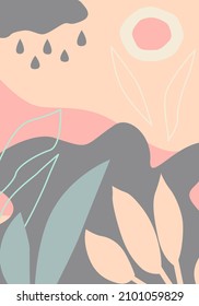 Abstract background of leaves and shapes. Hand drawing of various shapes and doodle objects. Trendy modern vector illustration. Pastel color