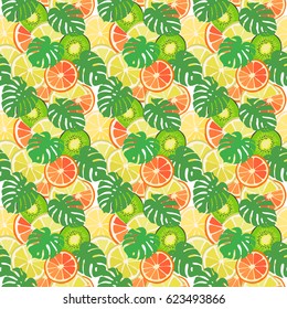 Abstract background from leaves and tropical fruits, pattern, seamless texture