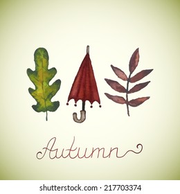  Abstract background with leaves and umbrella. Watercolor paint. Autumn theme. Can be used for card, invitation or some text.