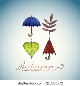 Abstract background with leaves and umbrellas. Watercolor paint. Autumn theme. Can be used for card, invitation or some text.