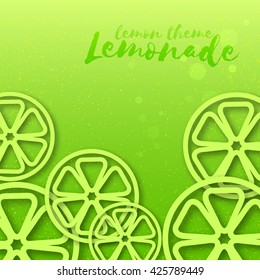 Abstract background with lemonade, flat paper rings lemon/Frame of lace, cut from paper slices into lemonade with bubbles. Green, light green colors