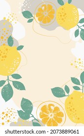 Abstract background of lemons, slices, lines, spots. Citrus pattern for your text. Fresh fruits, lemonade. Modern banner, poster, cover. Vector illustration.