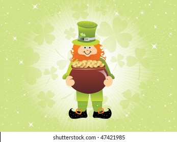 abstract background with leprechaun holding gold coins earthenware