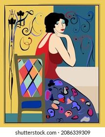 Abstract background , liberty art style, Woman sitting at the table