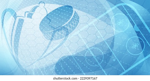 Abstract background in light blue colors with different hockey symbols such as puck, stick, ice rink, cup