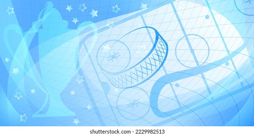 Abstract background in light blue colors with different hockey symbols such as puck, stick, ice rink, cup