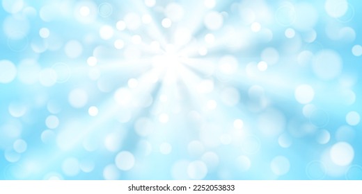 Abstrakter Hintergrund in hellblauen Farben mit divergierenden Strahlen von Licht und kleinen durchsichtigen Kreisen mit Bokeh-Effekt