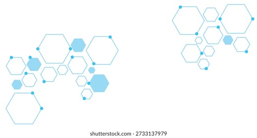 Abstract background with light blue hexagons and dots, representing technology, science, or molecular structure