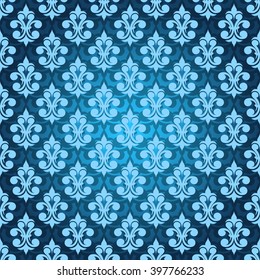 Abstract background light blue with a large floral pattern on a dark blue, azure gradient background. Seamless multi-layered pattern in Damascus style. Wallpaper, fabric, textiles, wedding background.