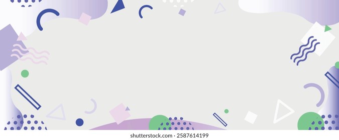 Abstract background with a light gray background, featuring purple and green geometric shapes, creating a playful, modern texture. Memphis pattern frame background. Purple background vector.