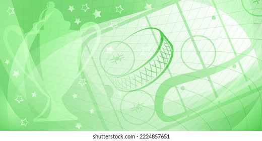 Abstract background in light green colors with different hockey symbols such as puck, stick, ice rink, cup