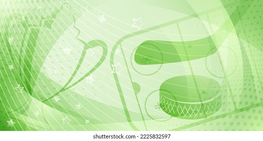 Abstract background in light green colors with different hockey symbols such as puck, stick, ice rink, cup