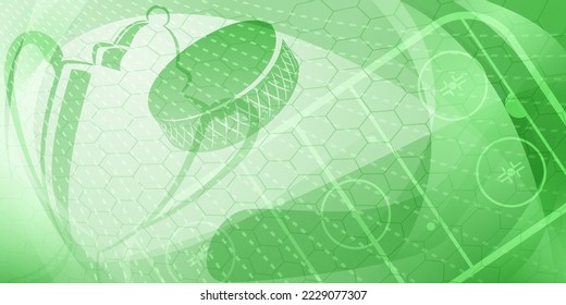 Abstract background in light green colors with different hockey symbols such as puck, stick, ice rink, cup