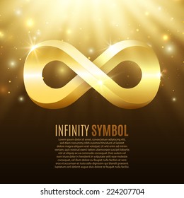 Abstract background with light rays, stars and gold infinity symbol. Vector illustration
