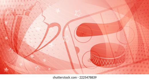 Abstract background in light red colors with different hockey symbols such as puck, stick, ice rink, cup